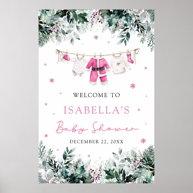 Pink Christmas Santa Baby Baby Shower Welcome Sign (Front)