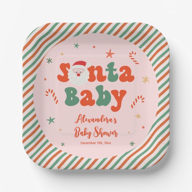 Pink Christmas Santa Baby Shower Paper Plate (Front)