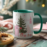 Pink Christmas Santa Reindeer North Pole Village Two-Tone Coffee Mug<br><div class="desc">Celebrate the magic of the season with our pink christmas Santa reindeer north pole village holiday Christmas mug. This magical mug showcases our beautifully crafted watercolor scene featuring a retro-style pink Santa Claus in his pink sleigh, gracefully soaring over a charming North Pole village. The scene is brought to life...</div>