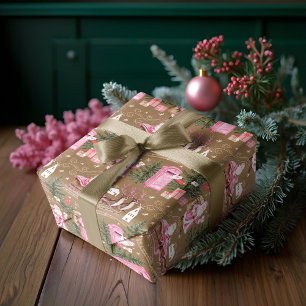 Pink Christmas Santa Reindeer North Pole Village Wrapping Paper