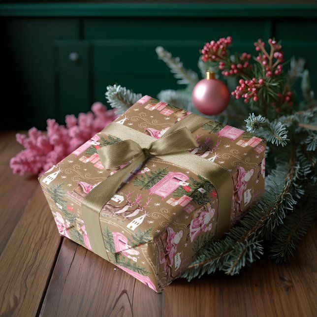 Pink Christmas Santa Reindeer North Pole Village Wrapping Paper (Pink Christmas Santa Reindeer North Pole Village Wrapping Paper)