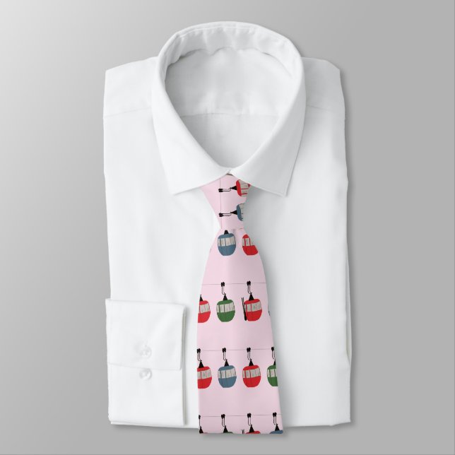 Pink Christmas Ski Lift Illustration Skier Tie (Tied)