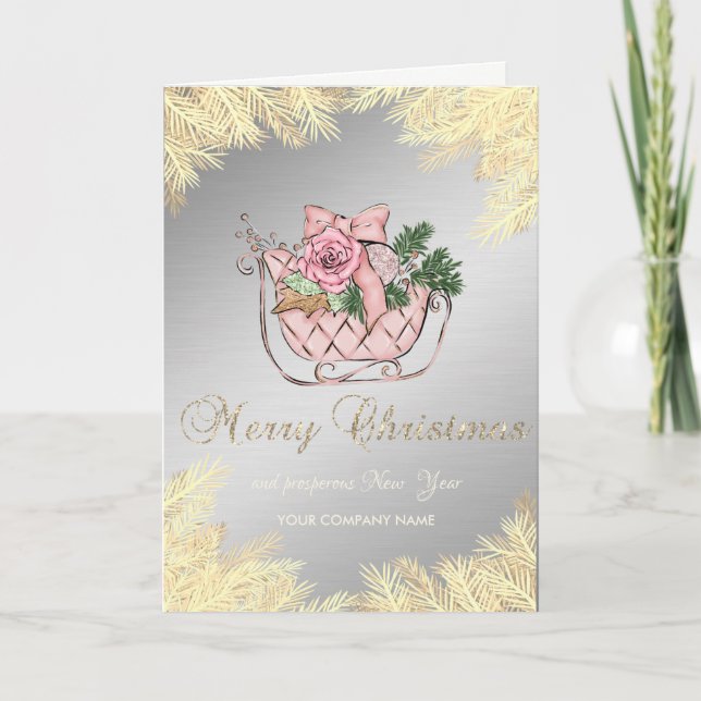 Pink Christmas Sleigh,Gold Tree Branches Holiday Card (Front)