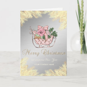 Pink Christmas Sleigh,Gold Tree Branches Holiday Card