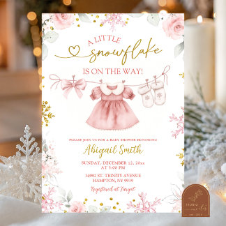 Pink Christmas Snowflake clothesline Baby Shower Invitation