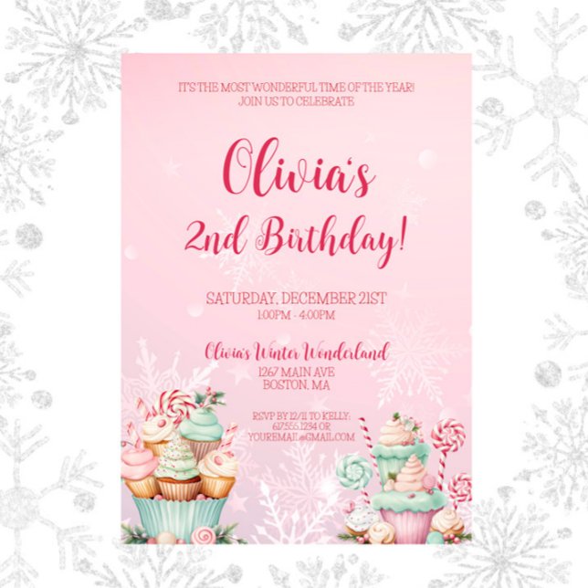 Pink Christmas Snowflake Cupcake 2nd Birthday Invitation (Pink Christmas Two Sweet Snowflake Cupcake Birthday Invitation )