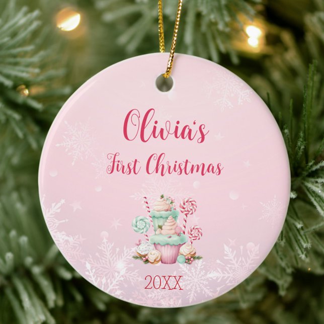 Pink Christmas Snowflake Cupcake First Christmas Ceramic Tree Decoration (Pink First Christmas Ornament with Year, Baby Girl Ornament, Christmas Gift Idea for New Mom)