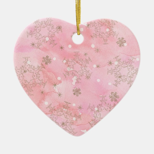 Pink Christmas Snowflakes Boho Pattern Ceramic Tree Decoration (Front)