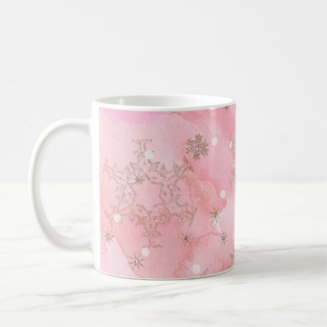 Pink Christmas Snowflakes Boho Pattern Coffee Mug (Left)