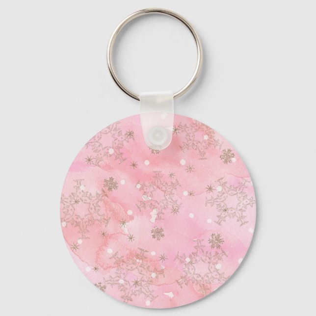 Pink Christmas Snowflakes Boho Pattern Key Ring (Front)