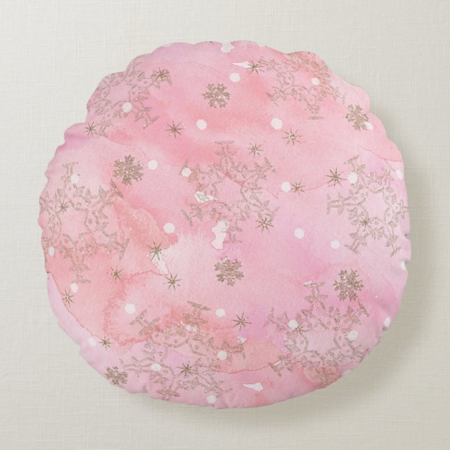 Pink Christmas Snowflakes Boho Pattern Round Cushion (Front)