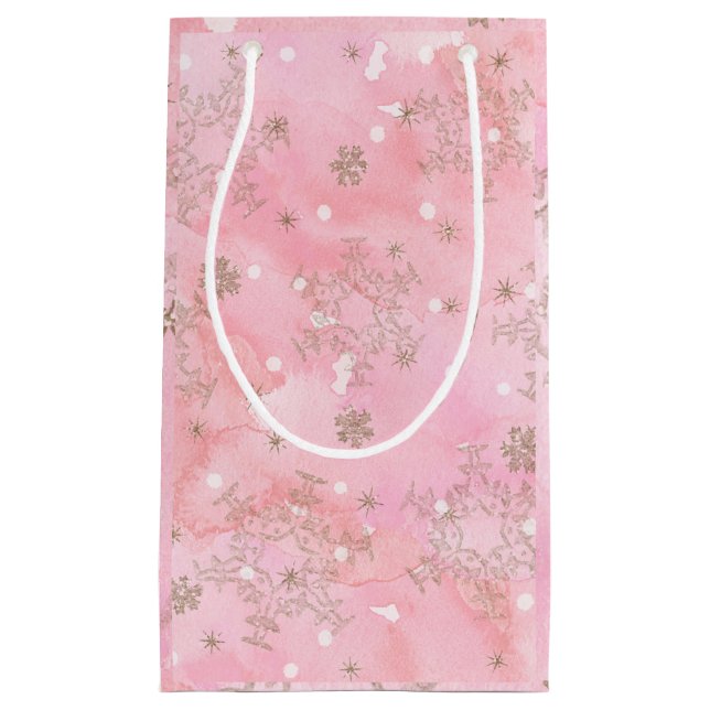 Pink Christmas Snowflakes Boho Pattern Small Gift Bag (Front)
