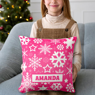 Pink Christmas Snowflakes Pattern Kids Name Cushion