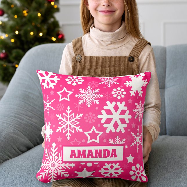 Pink Christmas Snowflakes Pattern Kids Name Cushion (Creator Uploaded)