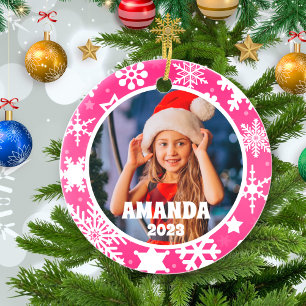 Pink Christmas Snowflakes Personalised Kids Photo Ceramic Tree Decoration