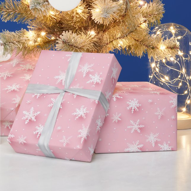 Pink christmas snowflakes wrapping paper (Holidays)