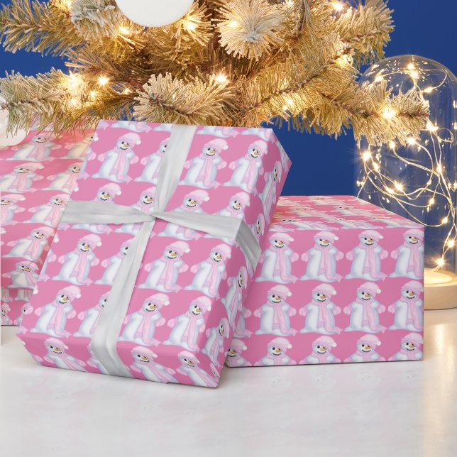 Pink Christmas snowman Holiday wrapping paper (Holidays)