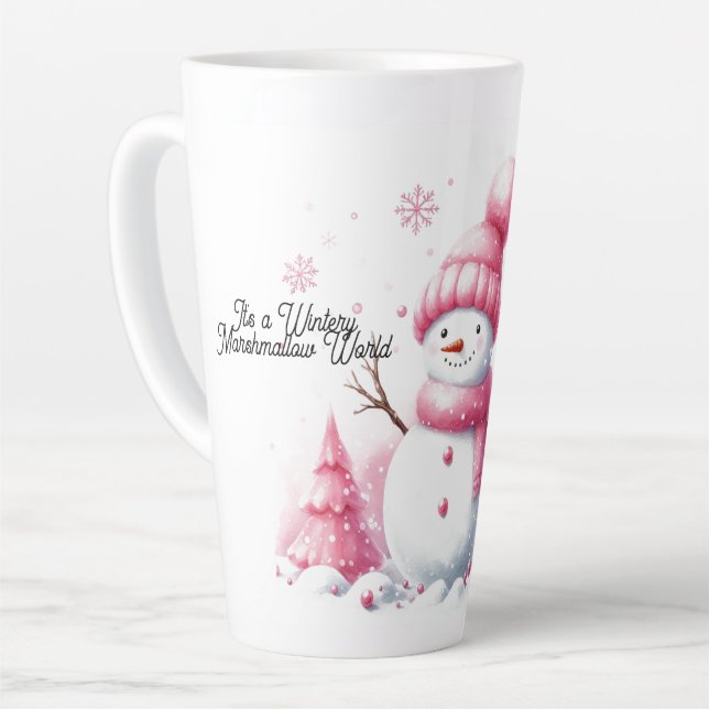 Pink Christmas Snowman Marshmallow World  Latte Mug (Left Angle)