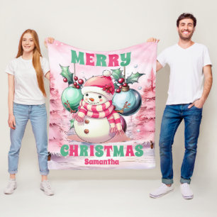Pink Christmas Snowman Personalised Kids Name Fleece Blanket