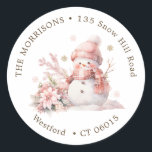 Pink Christmas Snowman return address label<br><div class="desc">Pink little snow girl and poinsettia return address label. You can change text according to your requirements</div>