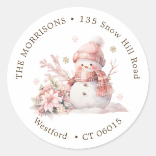 Pink Christmas Snowman return address label