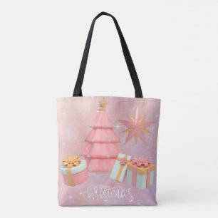 Pink Christmas Tree And Gold Stars Tote Bag