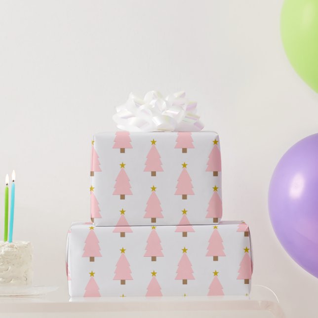 Pink Christmas Tree and Golden Star, Large Motif Wrapping Paper (Party Gifts)