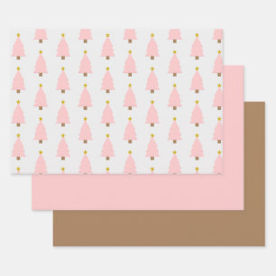 Pink Christmas Tree and Golden Star, Pink 'n Brown Wrapping Paper Sheet