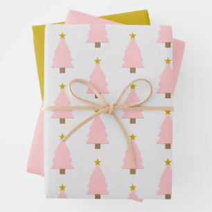 Pink Christmas Tree and Golden Star, Pink 'n Gold Wrapping Paper Sheet