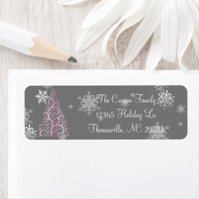 Pink Christmas Tree and Snowflakes Address Labels (Insitu)