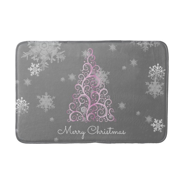 Pink Christmas Tree and Snowflakes Bath Mat (Front)