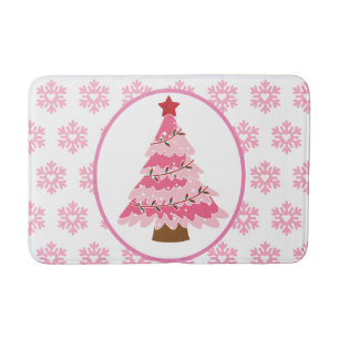 Pink Christmas Tree and Snowflakes Bath Mat