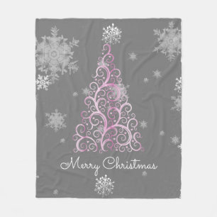 Pink Christmas Tree and Snowflakes Fleece Blanket