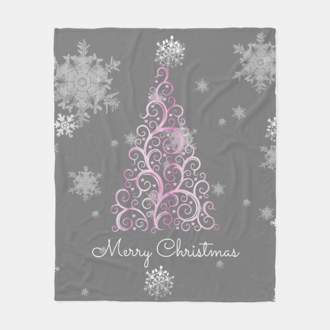Pink Christmas Tree and Snowflakes Fleece Blanket (Front)