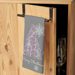 Pink Christmas Tree and Snowflakes Kitchen Towel