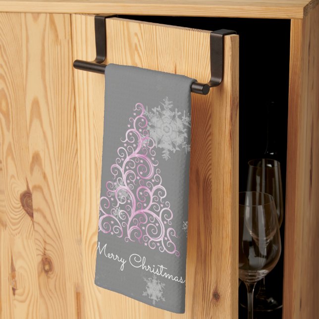 Pink Christmas Tree and Snowflakes Kitchen Towel (Thirds Fold)
