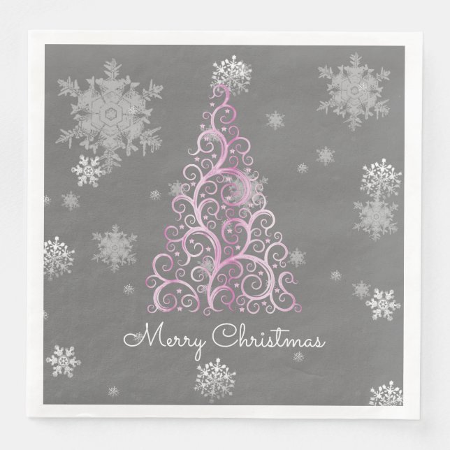 Pink Christmas Tree and Snowflakes Paper Napkin (Front)