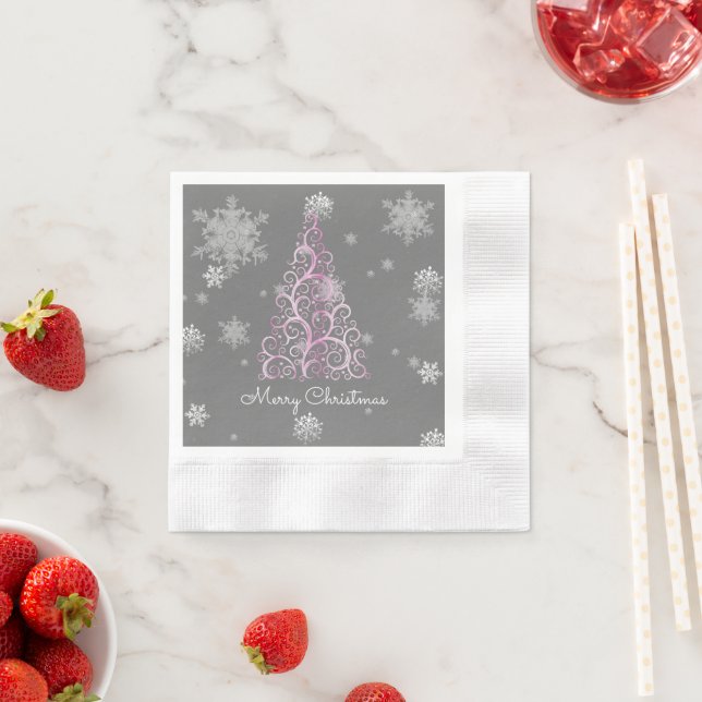 Pink Christmas Tree and Snowflakes Paper Napkin (Insitu)