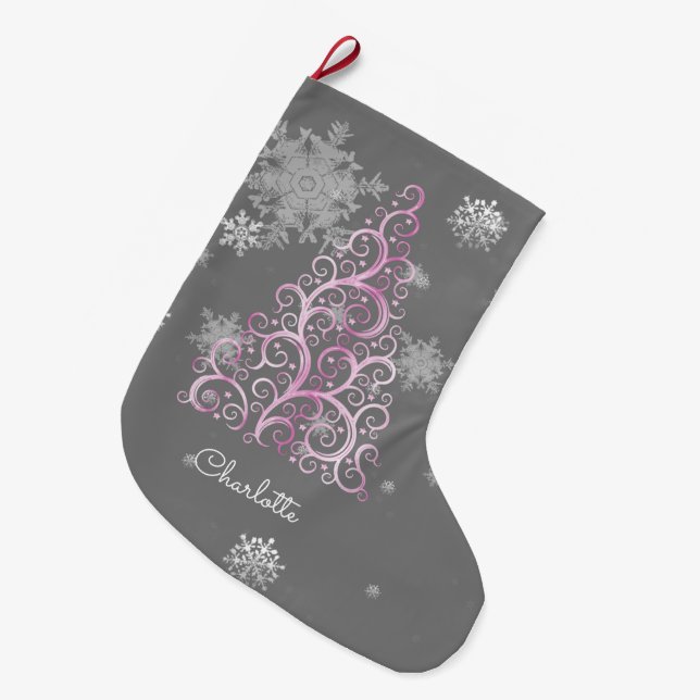 Pink Christmas Tree and Snowflakes Stocking (Front (Hanging))