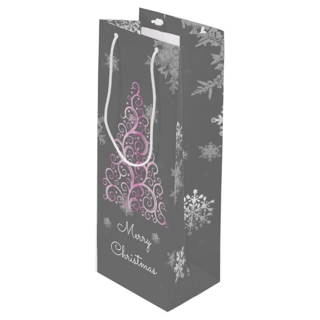 Pink Christmas Tree and Snowflakes Wine Gift Bag (Front Angled)