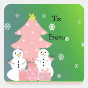 Pink Christmas Tree and Snowmen Square Sticker