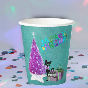Pink Christmas Tree black Cat Wrapped Gifts Teal Paper Cups