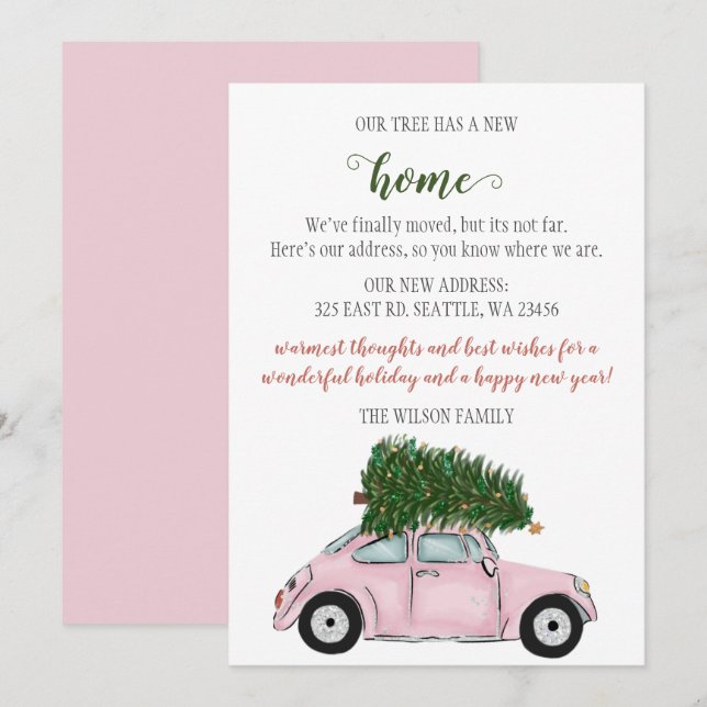 Pink Christmas Tree Car We've Moved Holiday Cards (Front/Back)