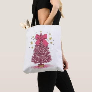 Pink Christmas Tree Coquette Bow Xmas Holiday Tote Bag