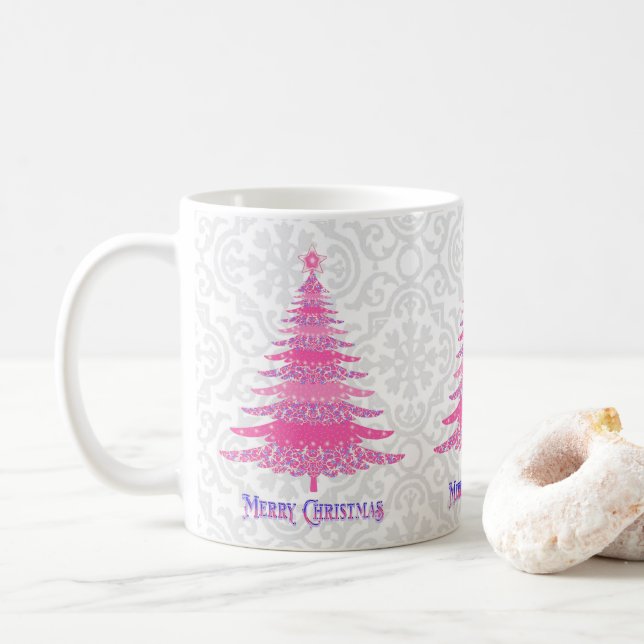 Pink Christmas Tree Elegant Modern Coffee Mug (With Donut)