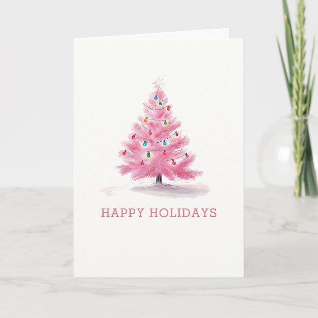 Pink Christmas Tree Fun Casual Holiday Card (Front)