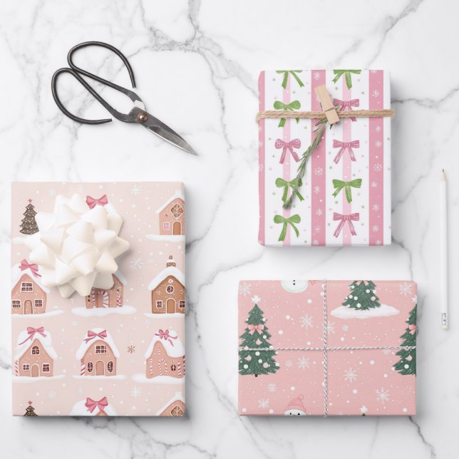 Pink Christmas Tree Gingerbread Houses Bows Wrapping Paper Sheet (Front)
