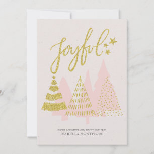 Pink Christmas Tree Gold Glitter Holiday Card