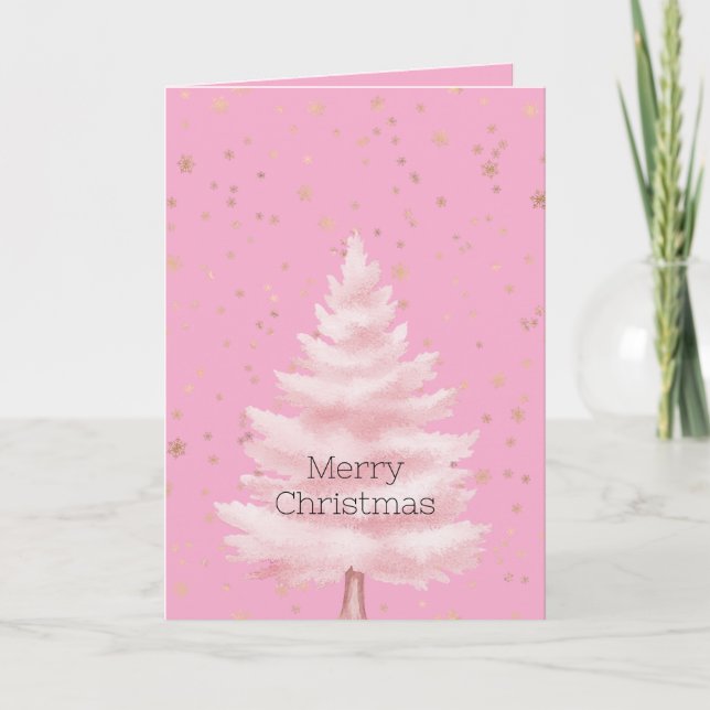 Pink Christmas Tree Gold Snowflakes Card (Front)