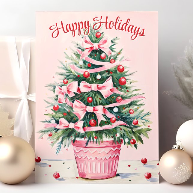 Pink Christmas Tree Happy Holidays Holiday Card (Creator Uploaded)